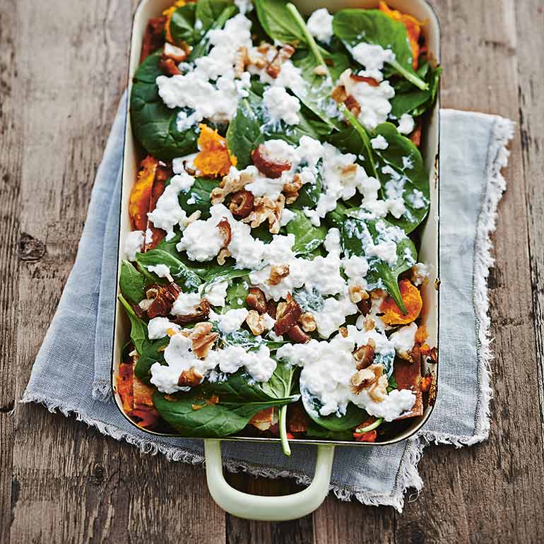 Pompoen-spinazie lasagne met dadels